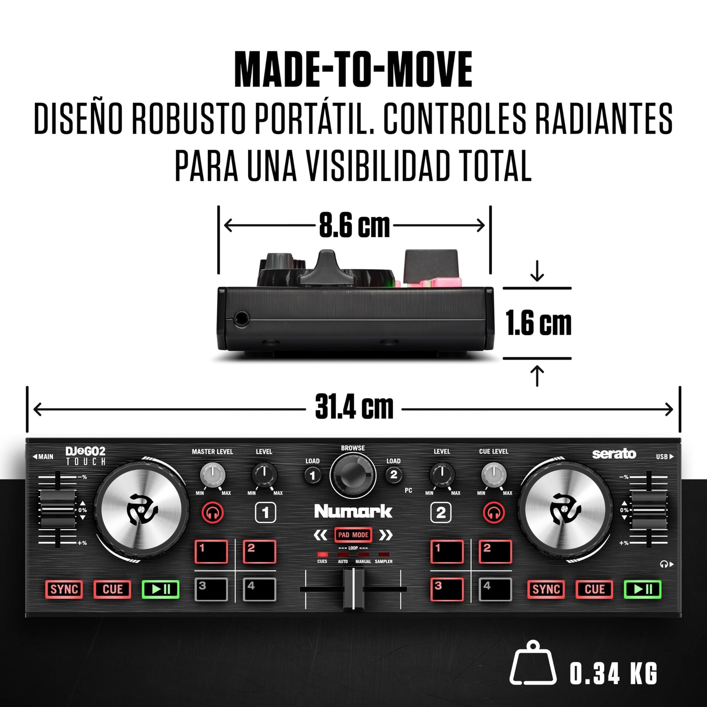 Numark DJ2GO2 Touch - Mini controlador DJ USB, 2 decks para Serato DJ con mezclador/crossfader, interfaz de audio y jog wheels de sensibilidad táctil