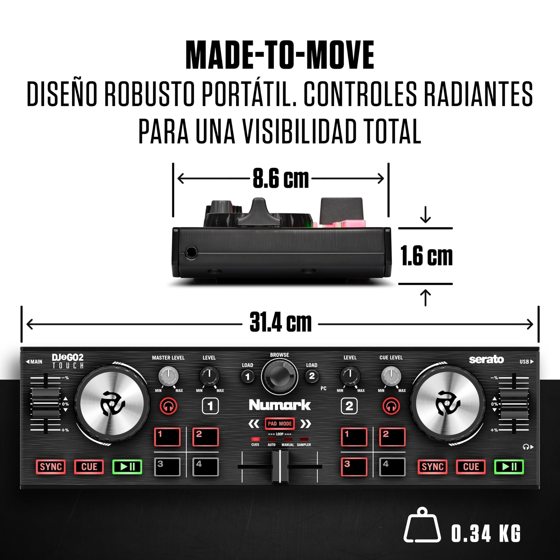 Numark DJ2GO2 Touch - Mini controlador DJ USB, 2 decks para Serato DJ con mezclador/crossfader, interfaz de audio y jog wheels de sensibilidad táctil