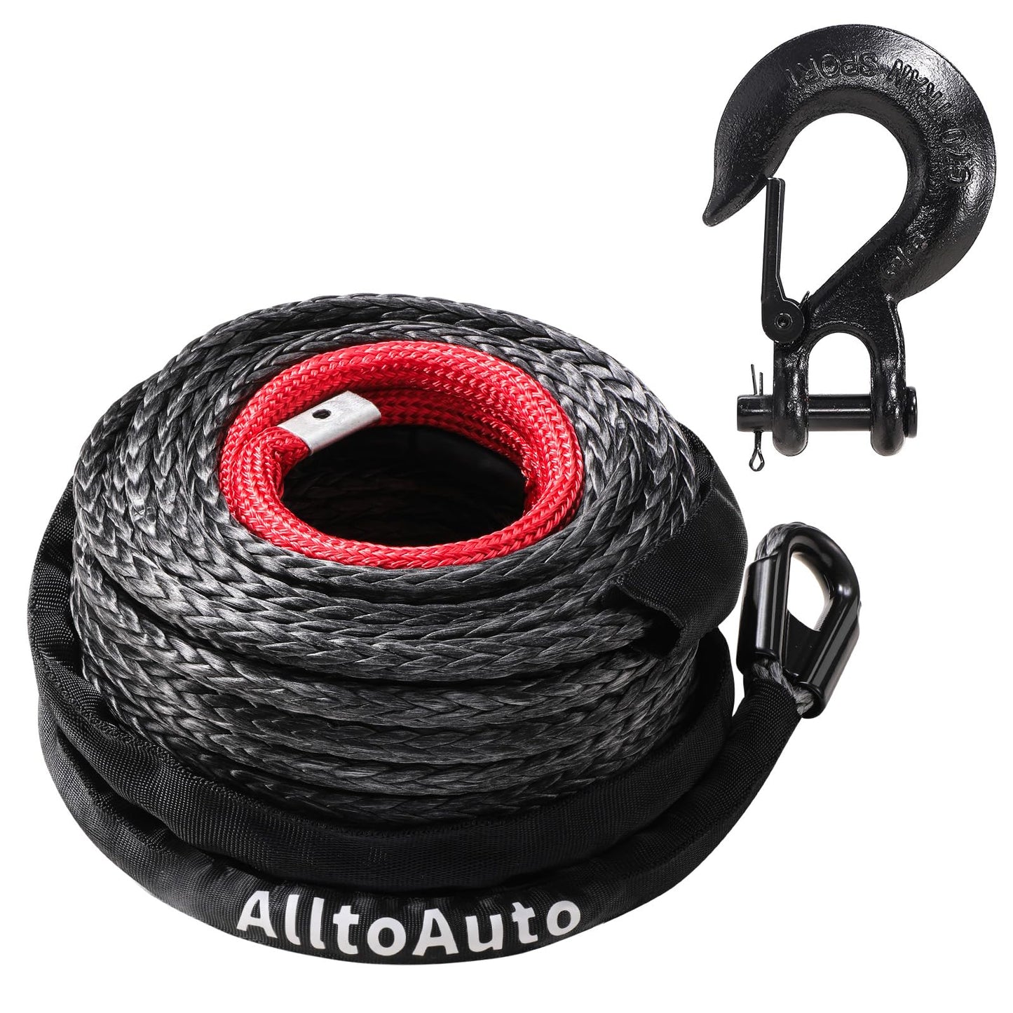 AlltoAuto - Cuerda de cabrestante con gancho, 3/8 pulgadas x 100 pies a 25000 libras Dyneema Cable de línea de cabrestante sintético con funda protectora para camión 4WD, accesorio de cabrestante