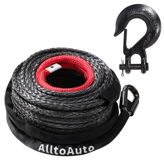 AlltoAuto - Cuerda de cabrestante con gancho, 3/8 pulgadas x 100 pies a 25000 libras Dyneema Cable de línea de cabrestante sintético con funda protectora para camión 4WD, accesorio de cabrestante