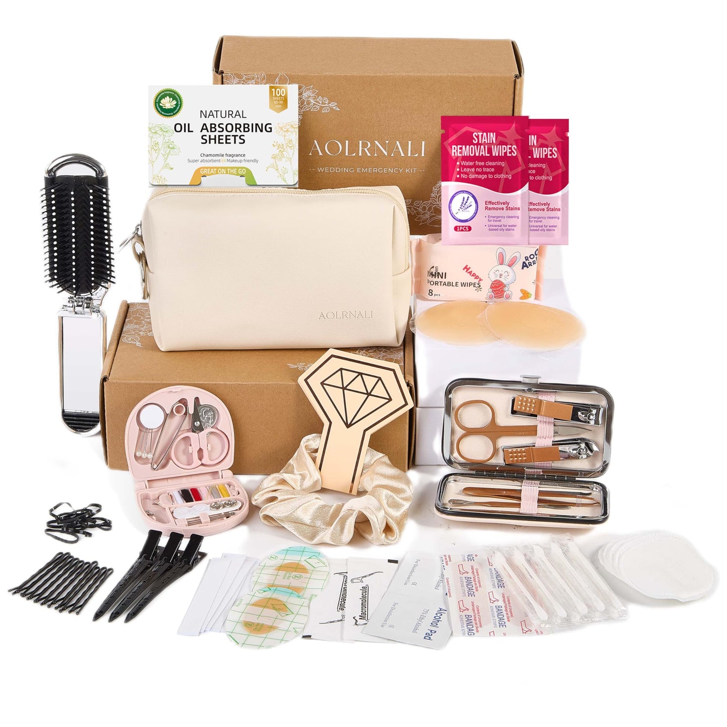 AOLRNALI - Kit de emergencia para novia para el día de la boda, esencial para boda, juego de supervivencia para novia del equipo, kit de viaje imprescindible con bolsa de maquillaje