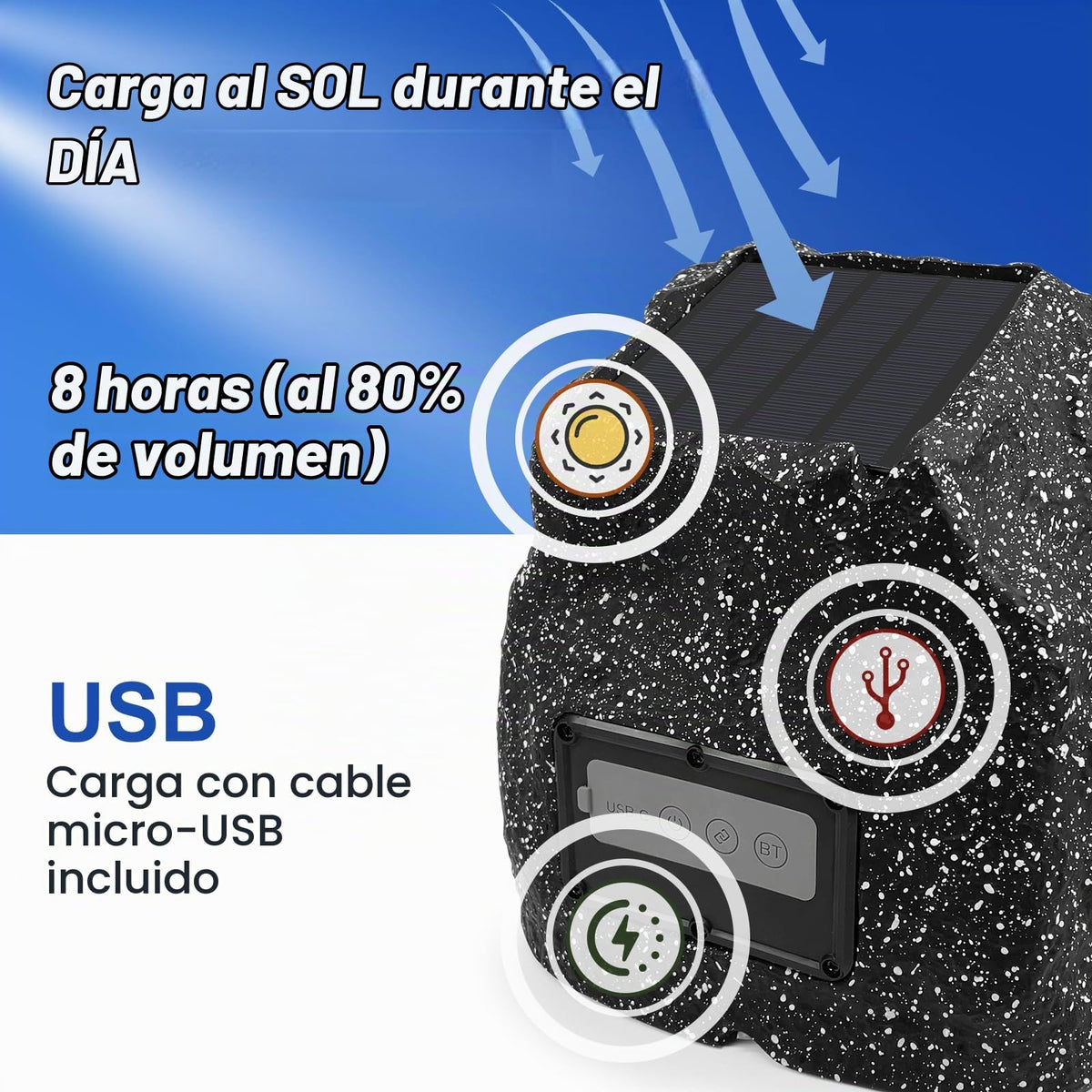 Altavoces STUDIOFINIX Roca Inalámbricos Bluetooth 5.3 Impermeables Solares 6.5 Pulgadas 200W para Jardín y Piscina