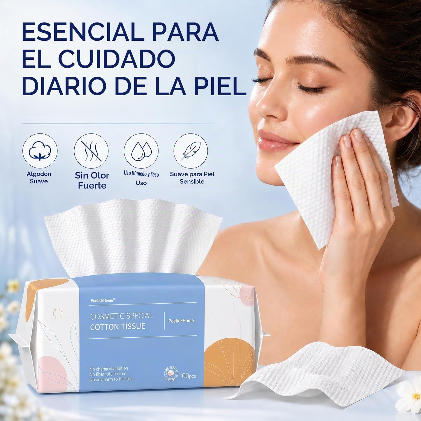 PoeticEHome Paquete de 6 toallitas suaves en seco, 100% algodón, toallas de limpieza facial sin pelusas, desechables, extra gruesas, uso seco y húmedo para piel sensible, eliminación de maquillaje, limpieza de superficies (600 unidades)