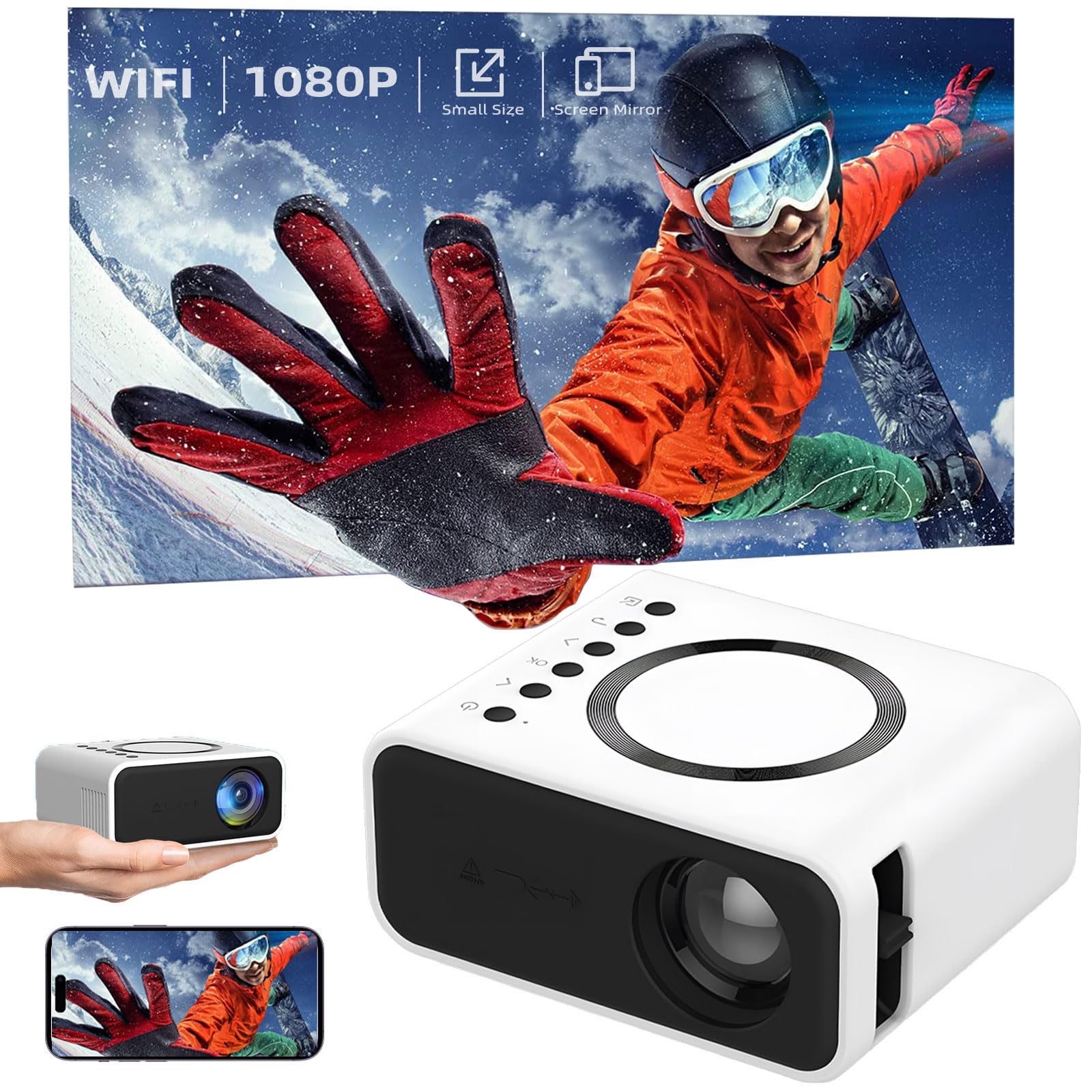 Mini Proyector Portátil ZVXCABV Blanco 1080P Wifi para Celular 250ASIN Compatible con Airplay y Miracast