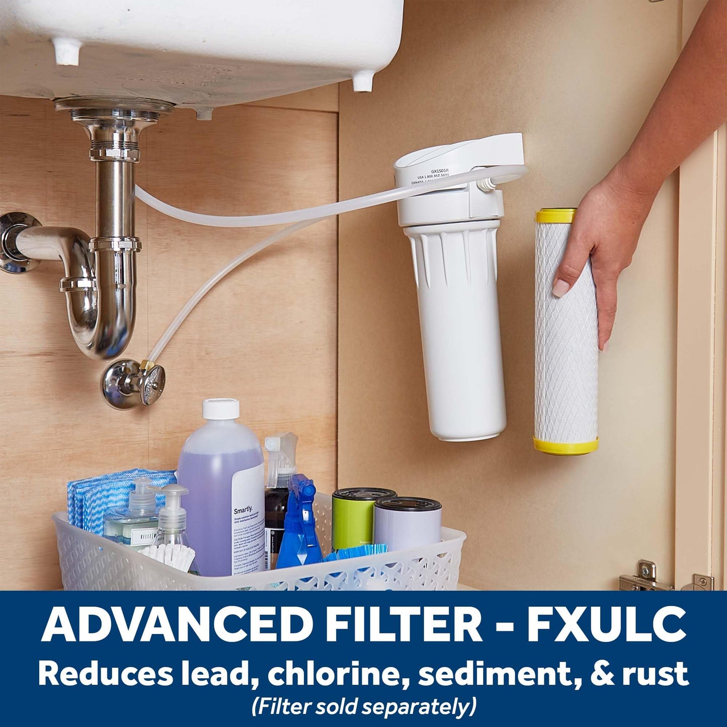 GE - Sistema de filtro de agua para todo el hogar | Sistema de filtración de agua reduce el plomo, el amianto y más | Kit de instalación y accesorios incluidos | Reemplazar filtros (FXUTC, FXULC, FXUVC) cada 6 meses | GX1S01R, 15 x 15.5 x 17 pulgadas