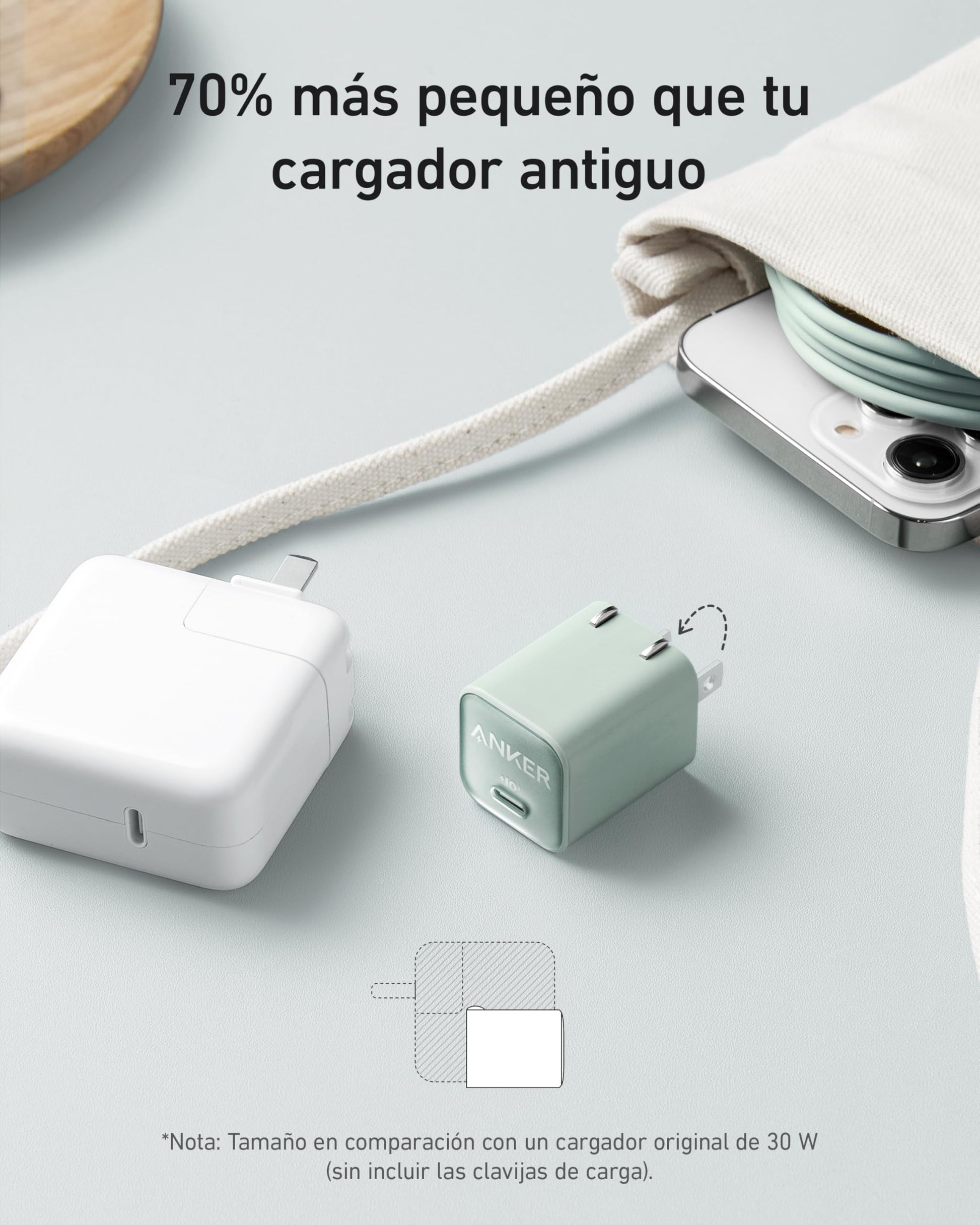 Anker Nano - Cargador USB C, 30 W, PIQ 3.0, Plegable, Cargador de iPhone de Carga rápida para iPhone 16/15 Series, Galaxy, iPad, Compatible con MagSafe