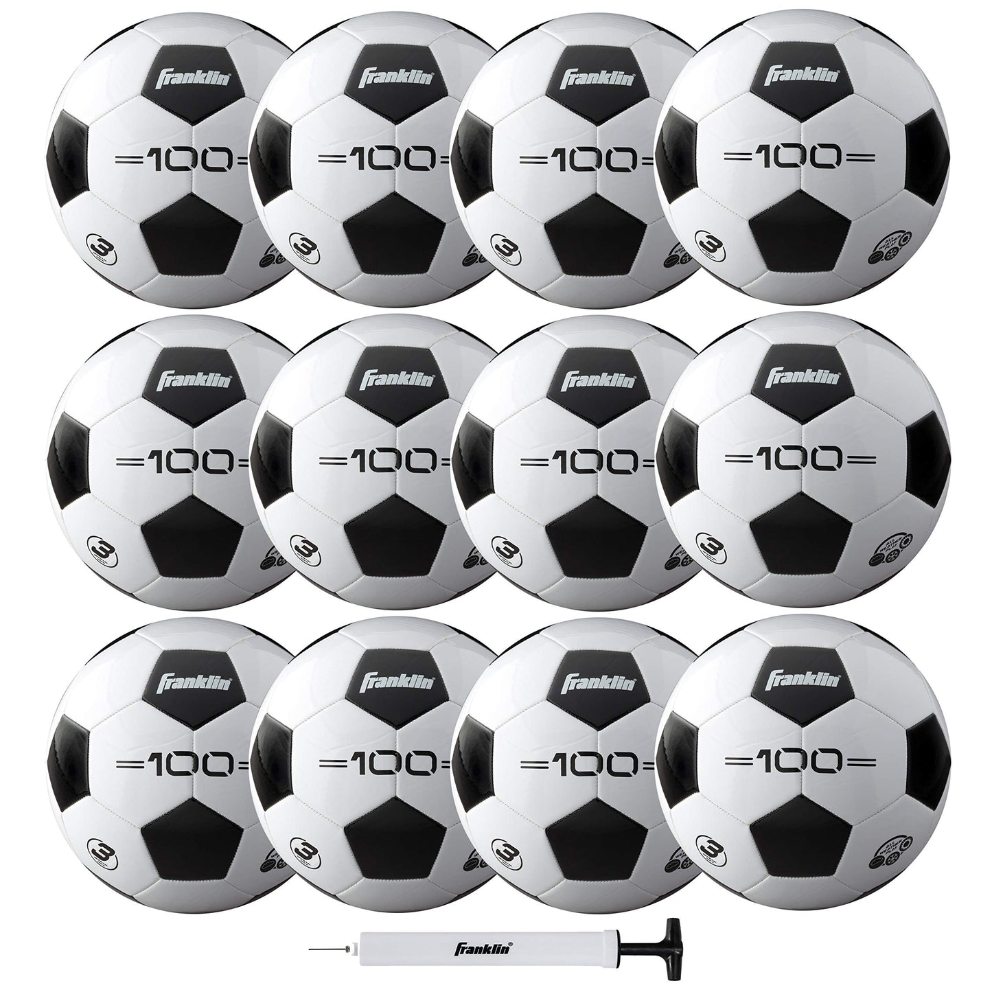 Franklin Sports Competition F-100 Balón de fútbol, Tamaño 3, 12 balones desinflados con Bomba, Blanco, 3