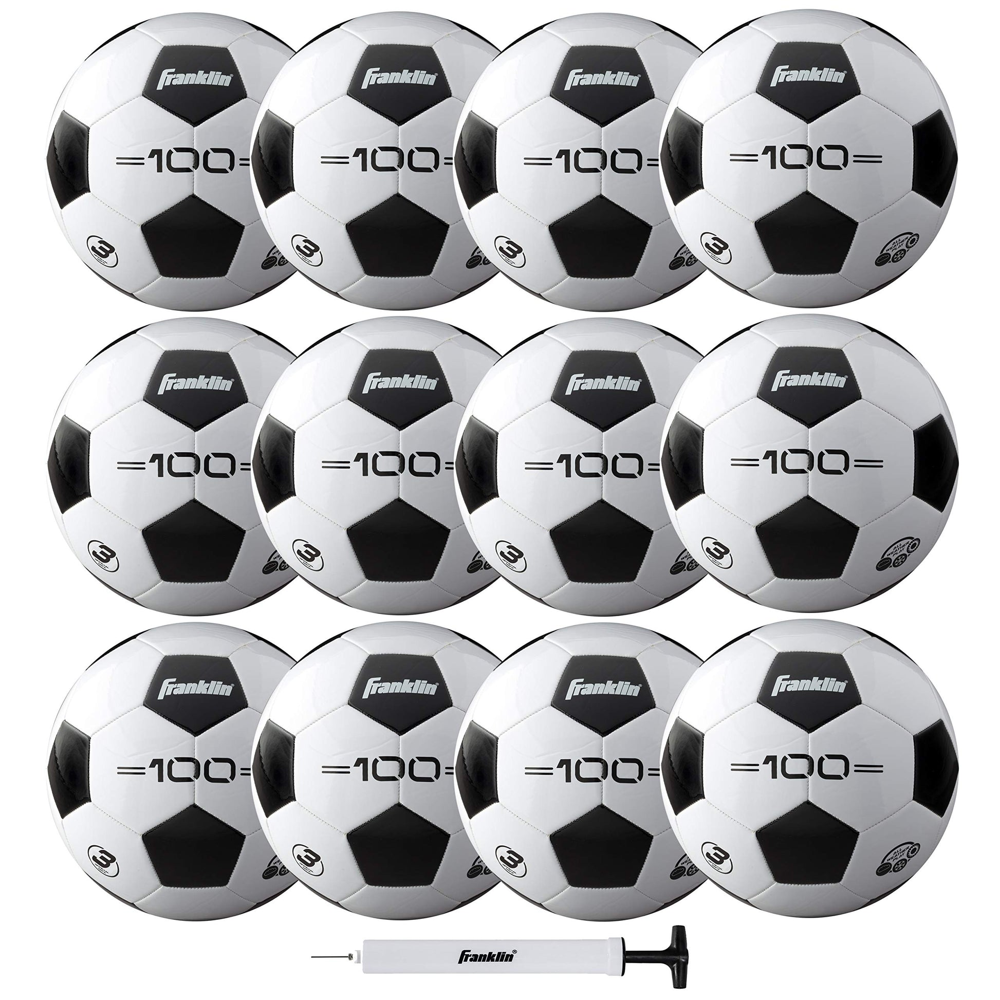 Franklin Sports Competition F-100 Balón de fútbol, Tamaño 3, 12 balones desinflados con Bomba, Blanco, 3