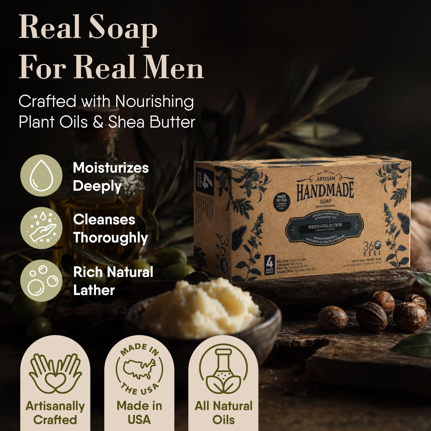 360Feel Men's Handmade Natural Soap bar - 4 Large Best Sellers Mens Soap Bar with Masculine fragrance- Bay Rum, Pine Tar, Patchouli, Citrus Soaps- Gift pack- Organic Mens Soap, Castile Mens Bar Soap
