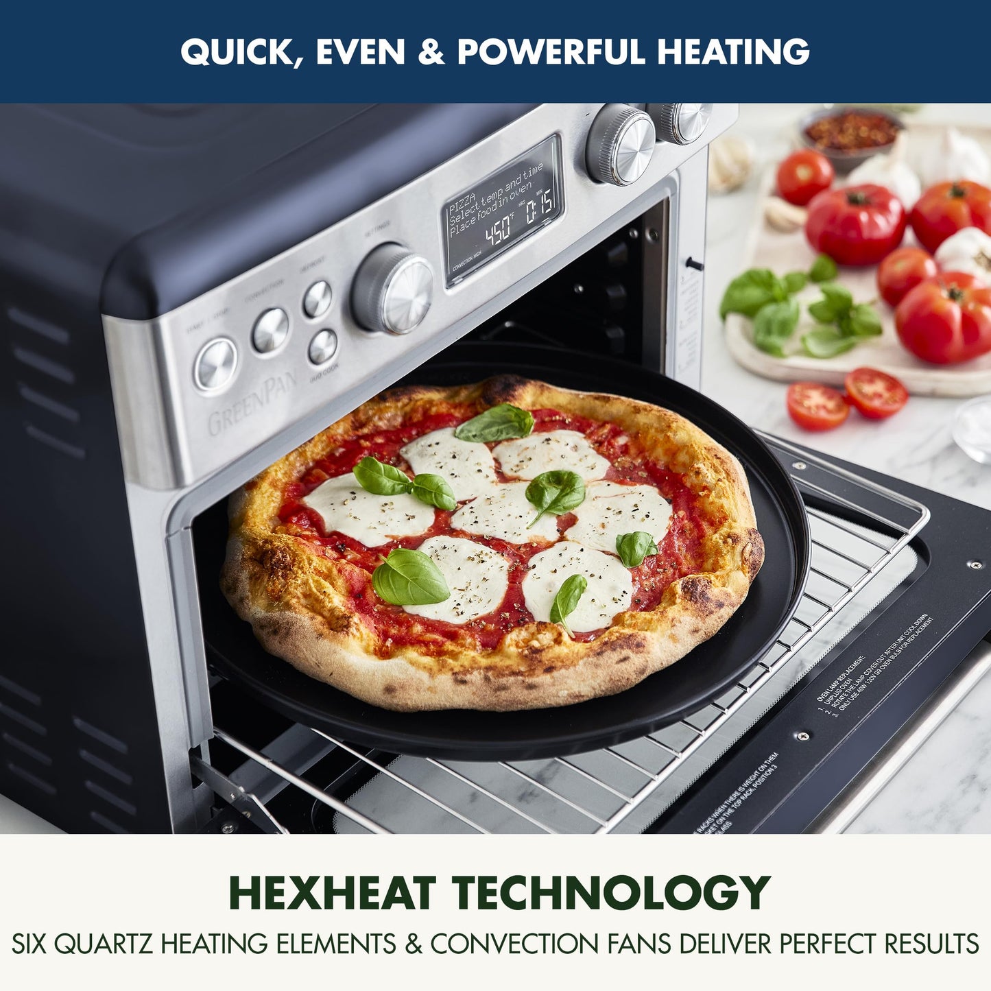 GreenPan Elite - Horno de convección para freír, 13 ajustes preestablecidos fáciles de usar, interior antiadherente sin PFAS, estantes ajustables, charola para hornear, bandeja para pizza, cesta,