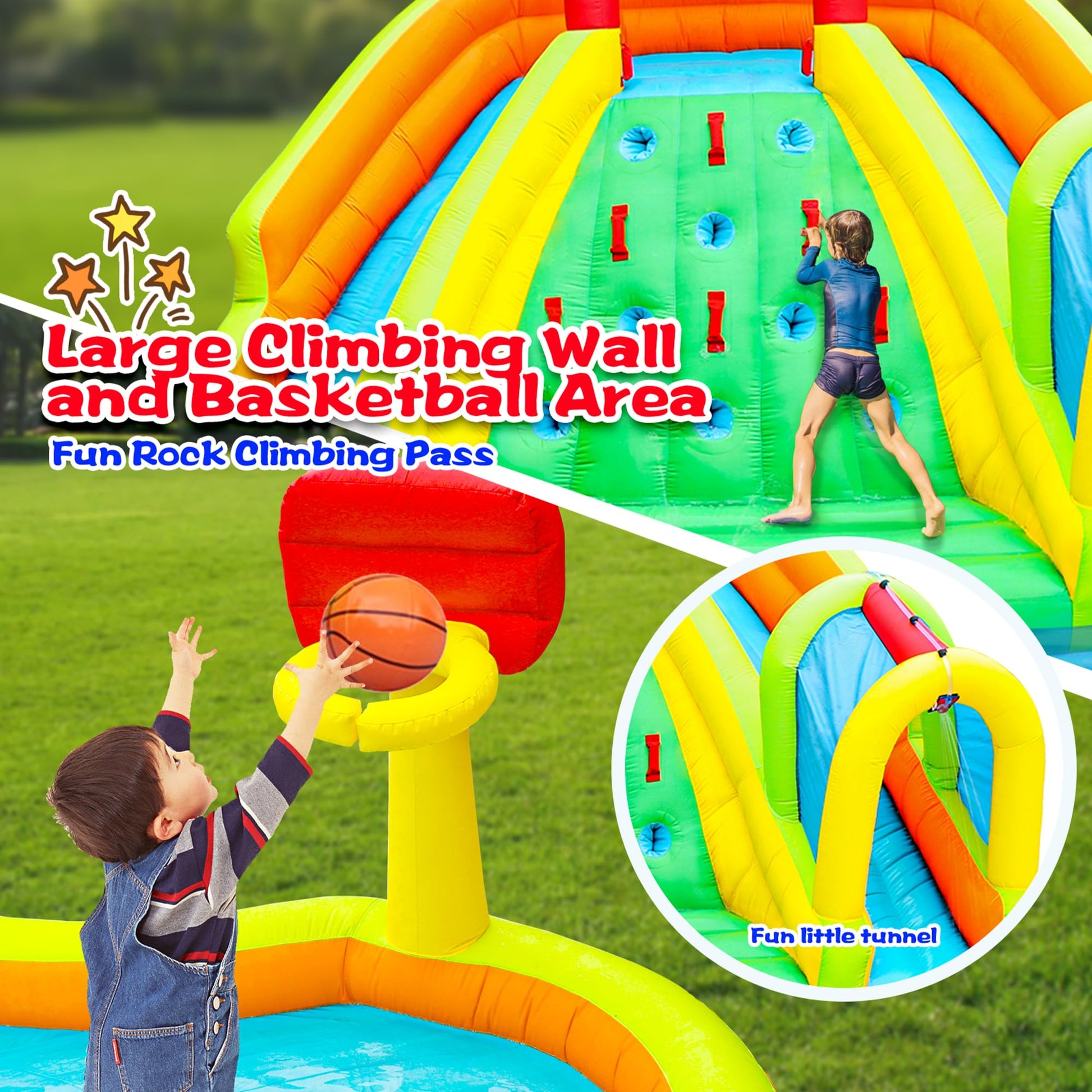 Parque Inflable WELLFUNTIME Azul con Doble Toboganes y Casa de Rebote