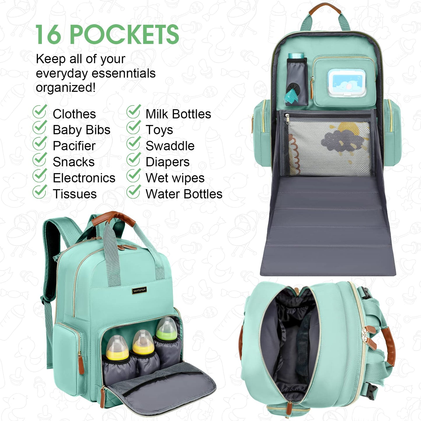 WITSTEP Bolsa de pañales para bebé con cambiador, mochila de viaje multifunción grande para bebé, Verde claro, Mochila para pañales con cambiador