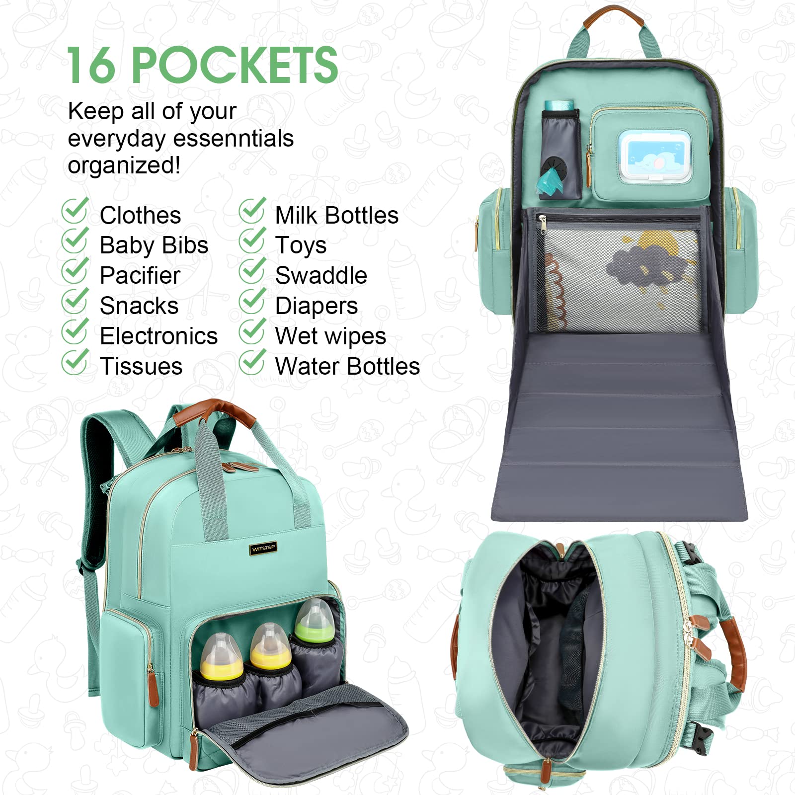 WITSTEP Bolsa de pañales para bebé con cambiador, mochila de viaje multifunción grande para bebé, Verde claro, Mochila para pañales con cambiador