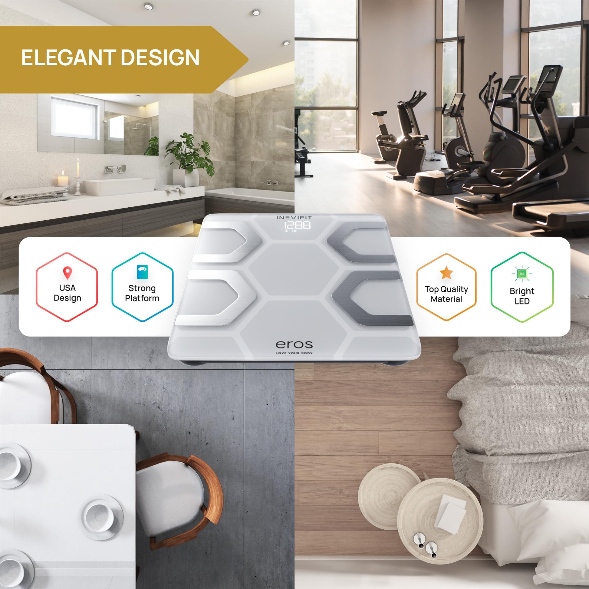 INEVIFIT EROS - Báscula digital de baño con Bluetooth y aplicación inalámbrica para smartphone (400 libras, 11,8 x 11,8 pulgadas), Blanco, Large Platform 11.8"X11.8"