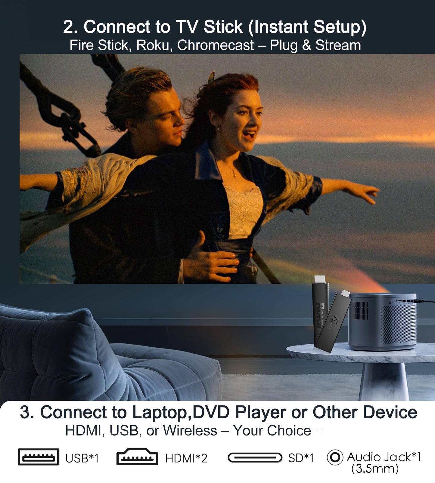 Miroir Miniproyector HD para el hogar con altavoz integrado, enfoque automático y corrección trapezoidal, portátil para películas al aire libre, compatible con smartphones y televisores.