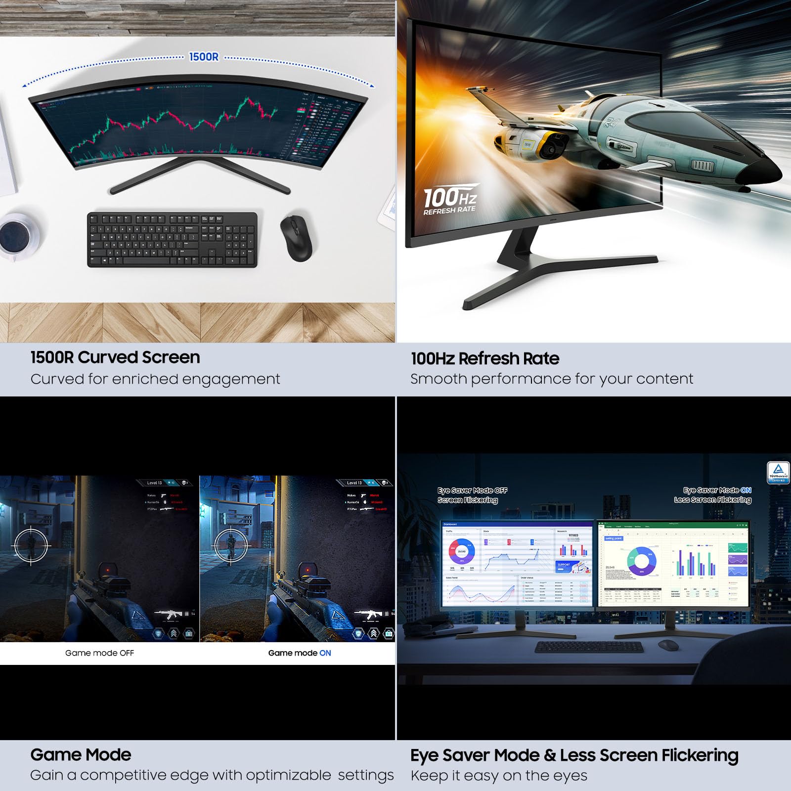 SAMSUNG 32" S3 (S39GD) Monitor curvado FHD 100Hz, modo de juego, modo de ahorro de ojos, conectividad múltiple con puerto HDMI, altavoces integrados, LS32D396GANXZA, 2025