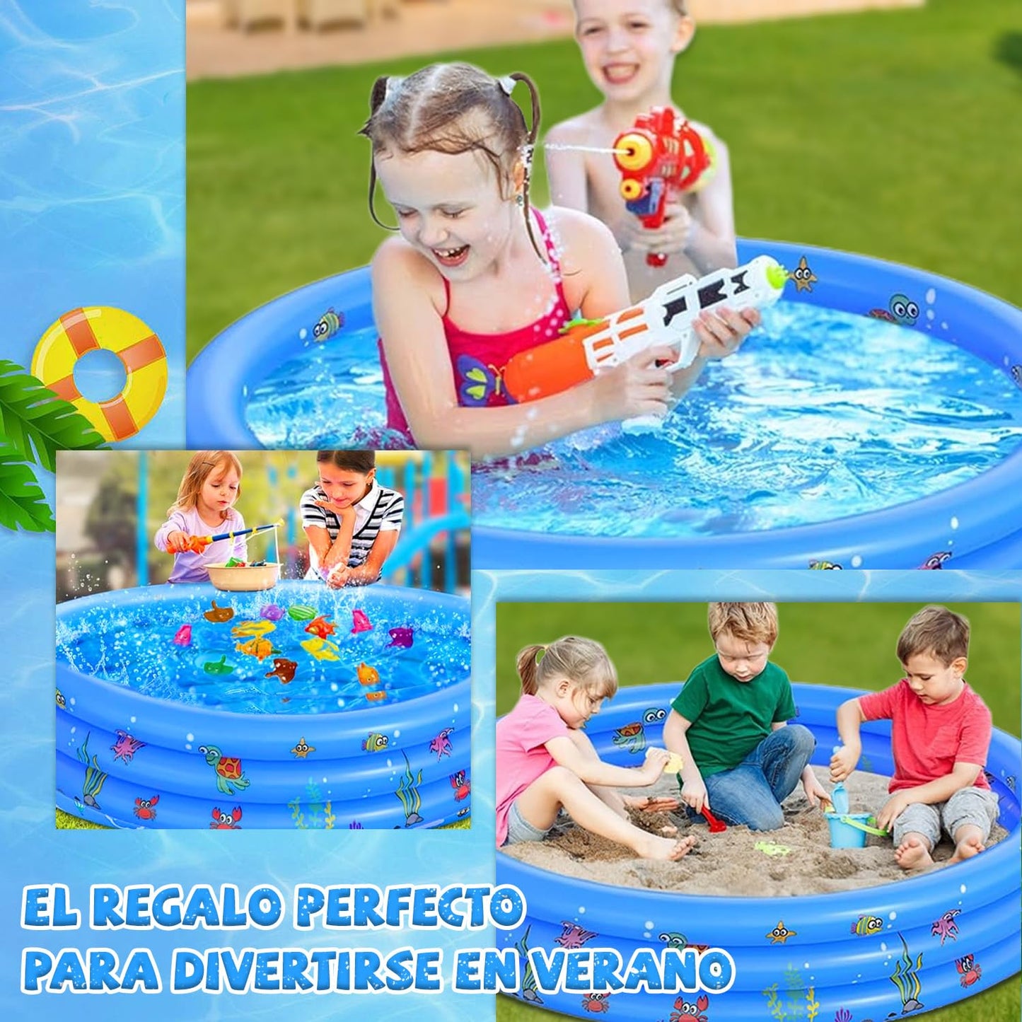 Alberca Inflable para Niños, 150x35cm Piscina Alberca Inflable Redonda, Mini Piscina Albercas 3 Niveles, Acuáticos Verano para Niños Niñas y Adultos al Aire Patio Trasero (Azul, Viene con Globo Agua)