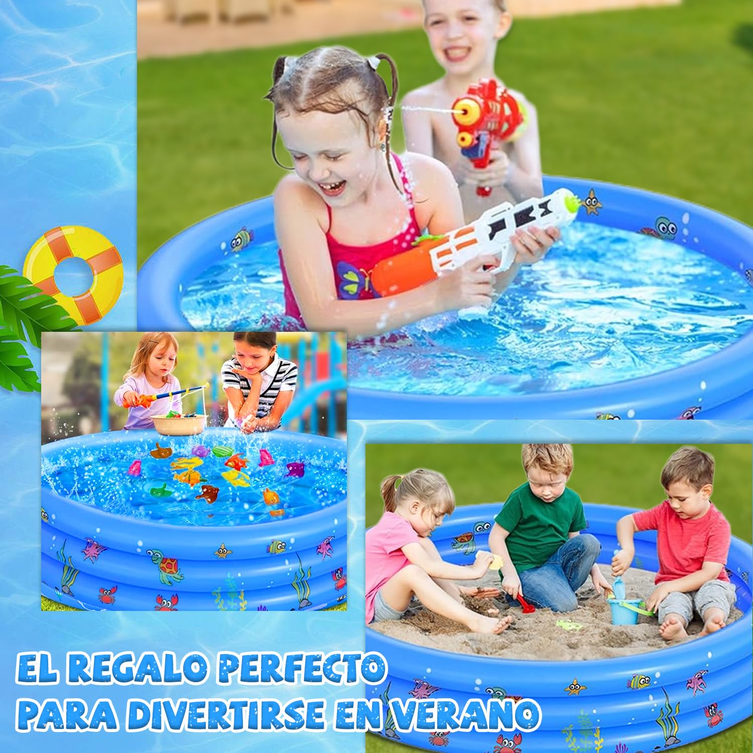 Alberca Inflable para Niños, 150x35cm Piscina Alberca Inflable Redonda, Mini Piscina Albercas 3 Niveles, Acuáticos Verano para Niños Niñas y Adultos al Aire Patio Trasero (Azul, Viene con Globo Agua)