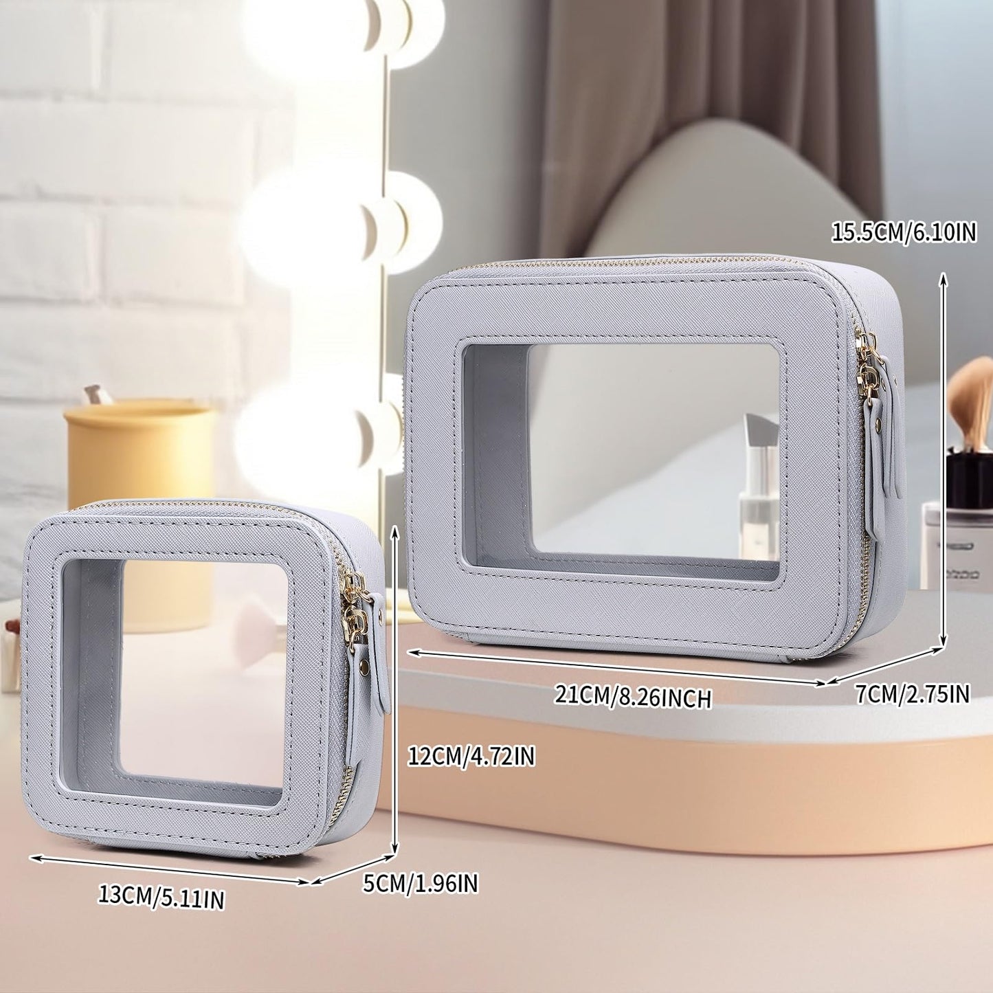 Pinkmik - Bolsa de maquillaje transparente para cosméticos y artículos de cambiador para mujer, bolsa de cepillo para polvo transparente con cierre (F/gris, M+MINI), F/Gray, M+MINI, Bolsa de
