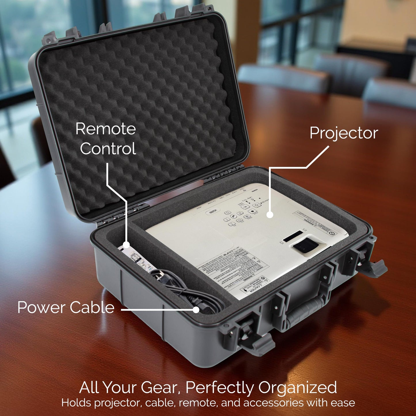 CASEMATIX Funda rígida para proyector de Viaje Compatible con Epson VS250 SVGA, VS350 XGA, VS355 WXGA con Cable HDMI y Mando a Distancia en Compartimentos de Espuma Personalizados, Solo Funda