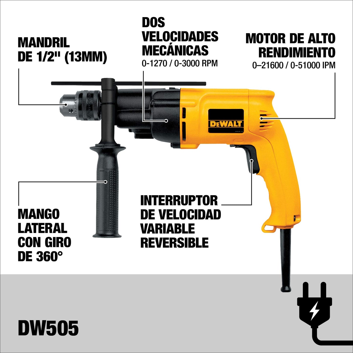 DEWALT Taladro Percutor 1/2 pulg 800W VVR DW505-B3