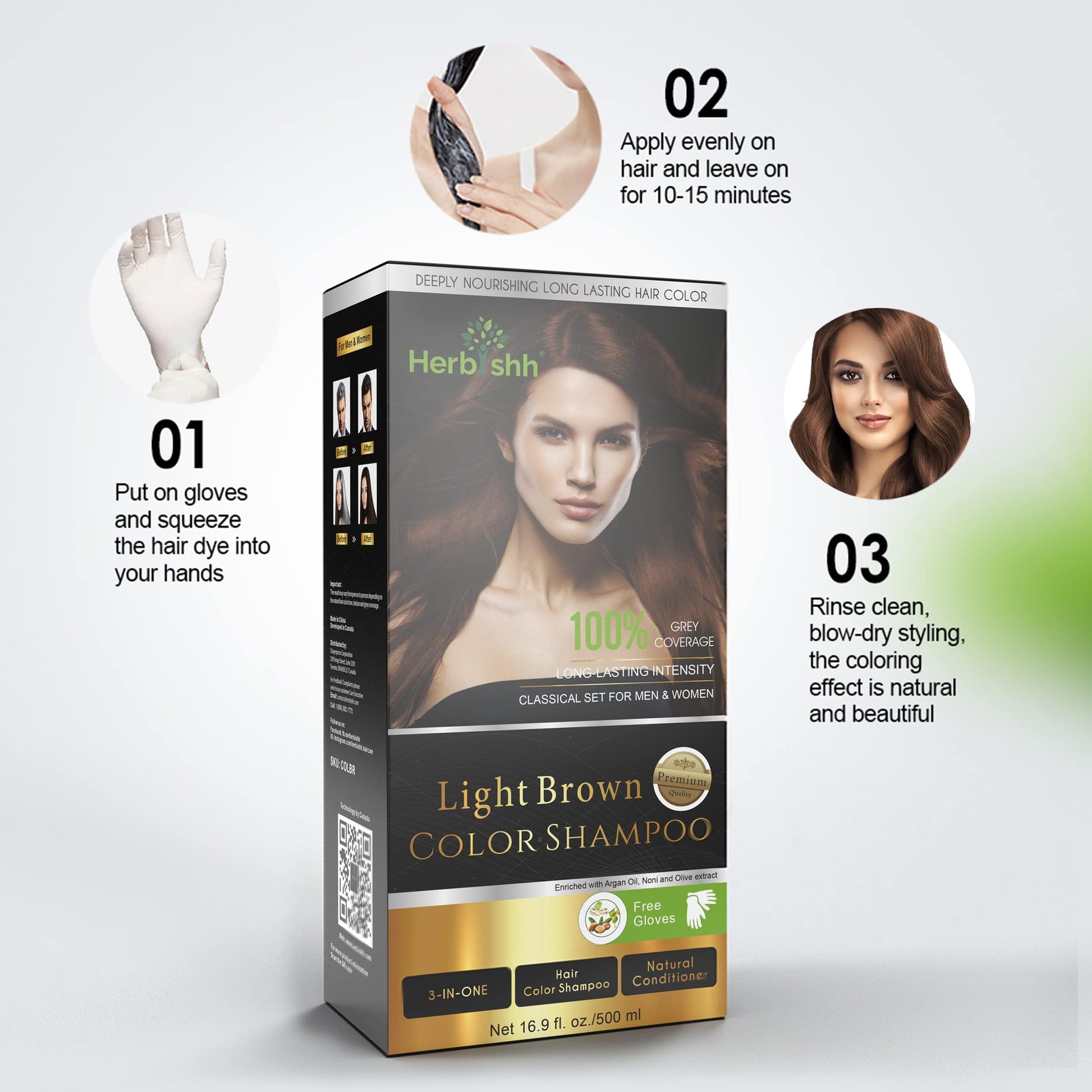 Herbishh - Champú colorante para cabello gris, champú con tinte natural para el cabello, colorea el cabello en minutos, dura hasta de 3 a 4 semanas, 500 ml, tinte de cabello 3 en 1, sin amoniaco | (marrón claro)