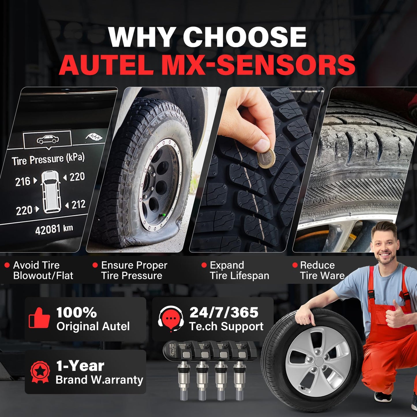 Autel TPMS Sensors Set de 4, sensor MX, sensor de presión de neumáticos MaxiTPMS 2 en 1 (315 MHz + 433 MHz) Sensores OE a presión programables por TS408S TS508 TS508WF TS608 ITS600 MP900TS MS906PRO-TS