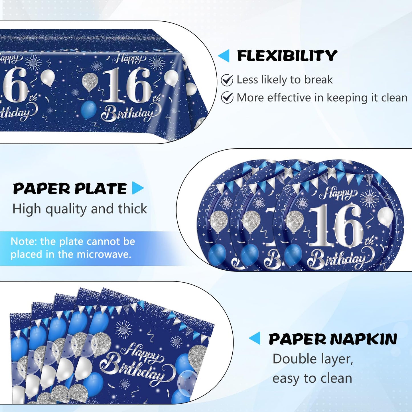 Decoraciones de Cumpleaños 16 Azul Marino Plata, Suministros para Fiesta Dulces 16 para Niños y Niñas