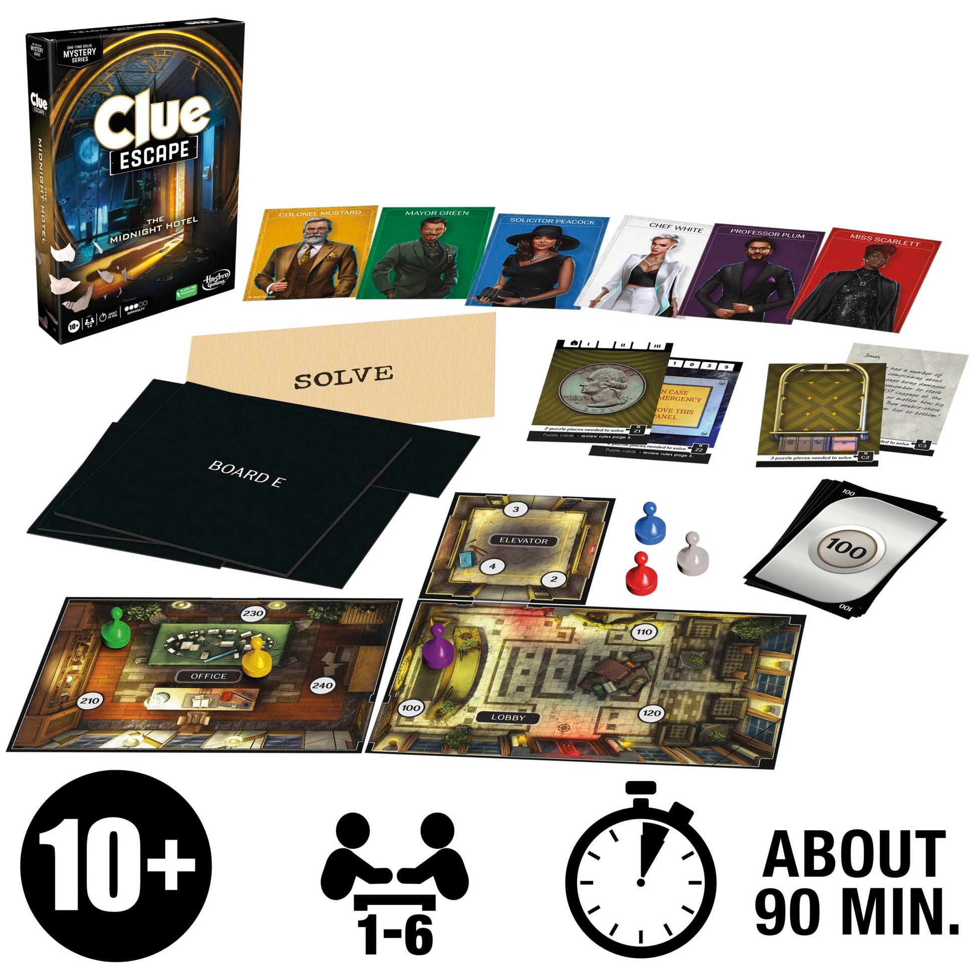 Hasbro Gaming Clue Escape: The Midnight Hotel Juego de Mesa, Clue Escape Room Game, 1 Vez Resolver Misterio, Juegos Familiares para Mayores de 10 años, 1 a 6 Jugadores, 90 Minutos Promedio.