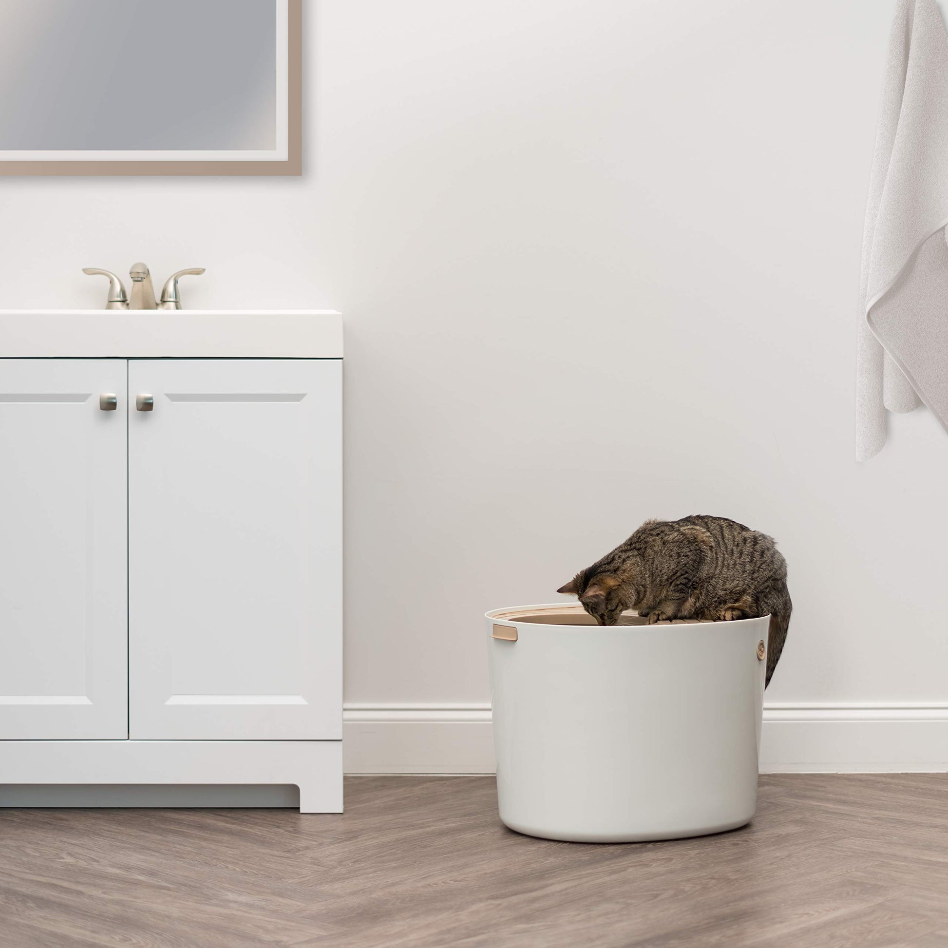 IRIS USA Gran arenero para gatos con entrada superior y pala, elegante caja redonda para gatos, arenero para gatitos, Blanco/Beige