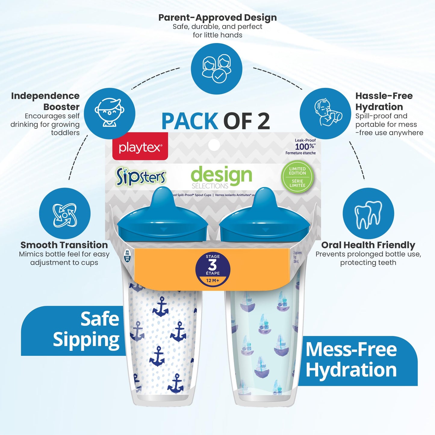 Playtex Baby Sipsters - Taza dura para beber para más de 12 meses, 266 ml (2 unidades), diseño de ancla azul y velero, botella de agua aislada para niños, tazas a prueba de derrames para niños