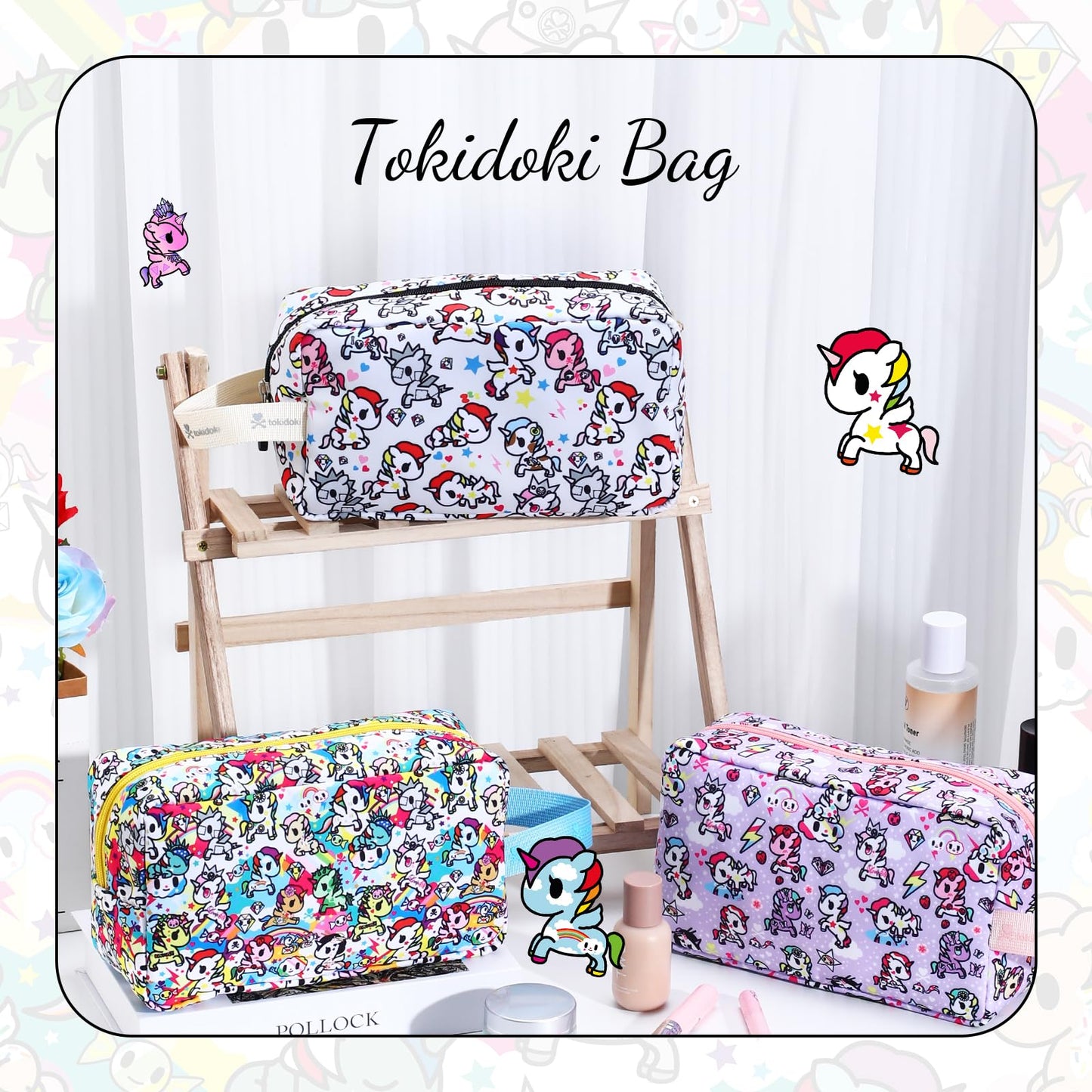 Tokidoki Unicorno Bolsa de maquillaje de viaje para mujer, bonita bolsa de cosméticos de gran capacidad, bolsa de artículos de cambiador portátil de dibujos animados para viajes, trabajo, oficina