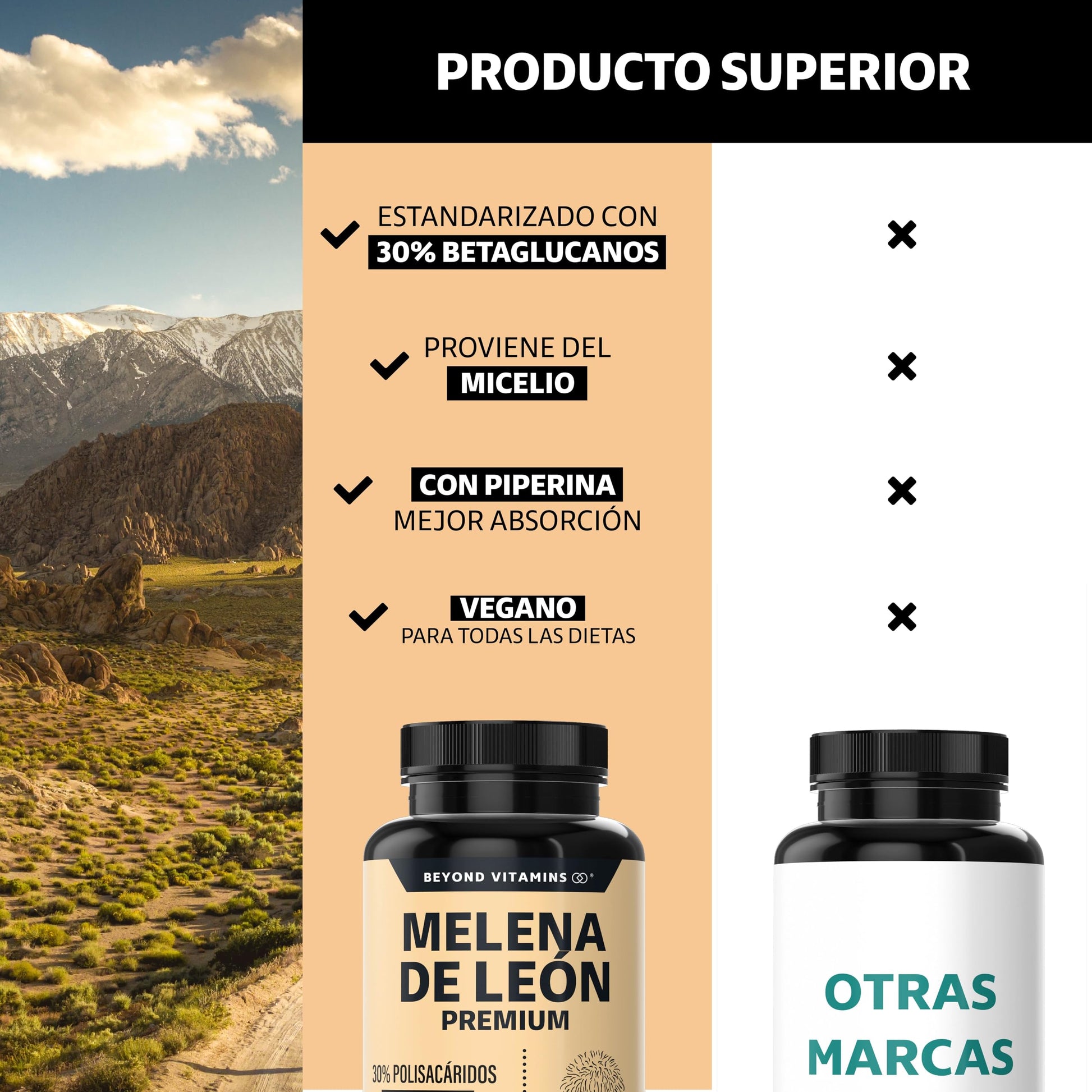 Beyond Vitamins | Hongo Melena de León | Extacto proveniente del Micelio con 30% de Polisacáridos + Piperina al 95% para máxima biodisponibilidad | Sin metales pesados | Vegano | 60 cápsulas