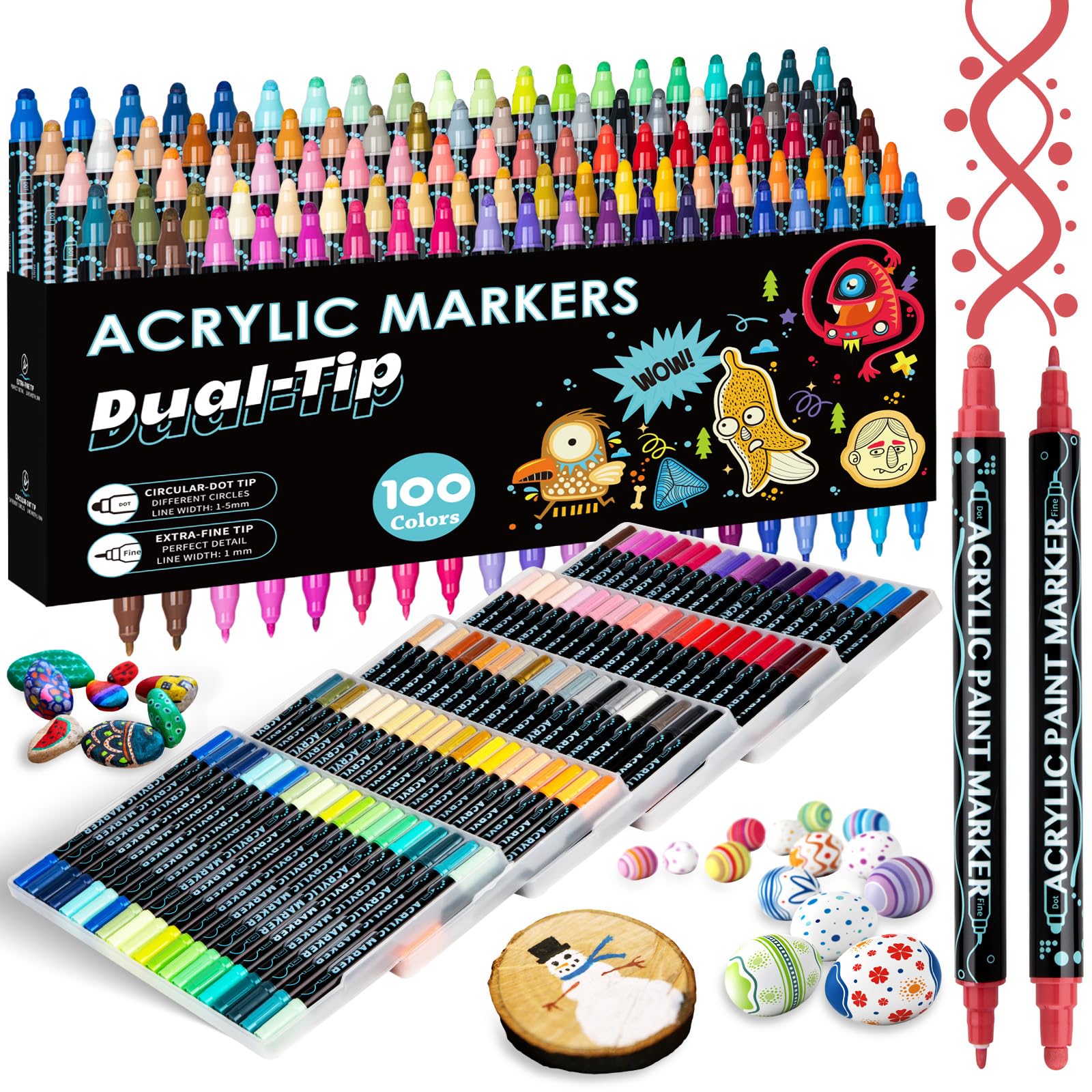 CROSPIN 100 Colores Plumones Acrilicos Doble Punta, Plumones de Pintura Acrilica, No Se Desvanece, Acrylic Markers para Plastico, Lienzo, Piedras, Cristal, Madera, Cerámica, Modelo Hecho a Mano