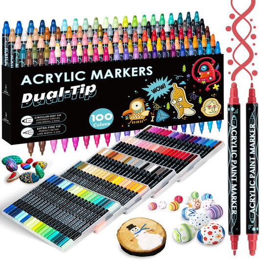 CROSPIN 100 Colores Plumones Acrilicos Doble Punta, Plumones de Pintura Acrilica, No Se Desvanece, Acrylic Markers para Plastico, Lienzo, Piedras, Cristal, Madera, Cerámica, Modelo Hecho a Mano