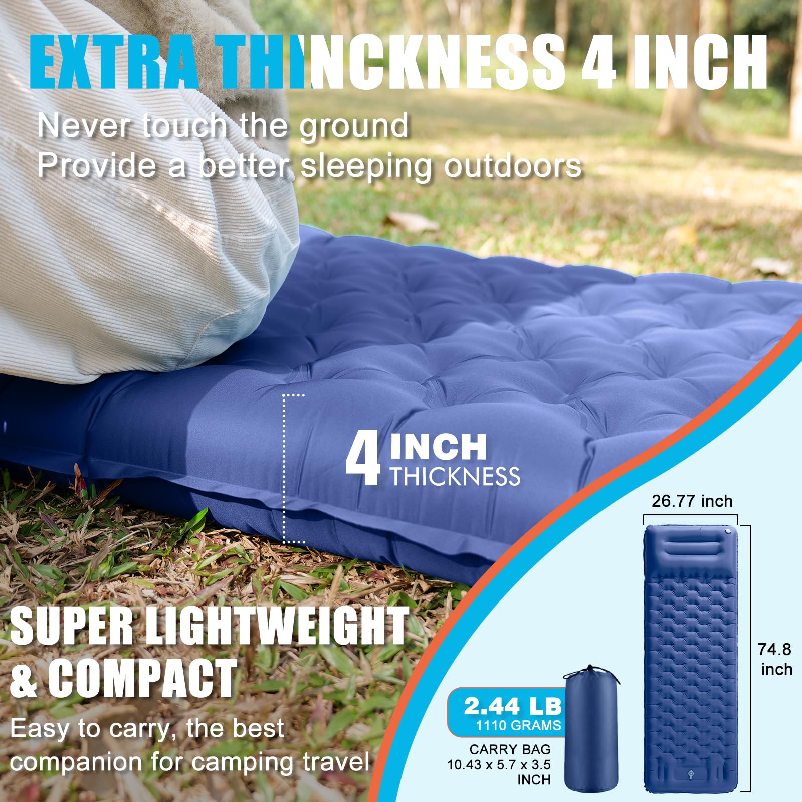 GDREAMT - Almohadilla de dormir inflable para acampar con almohada, grosor extra de 4 pulgadas con bomba integrada, colchón de aire compacto y ultraligero para mochileros, senderismo, tienda de
