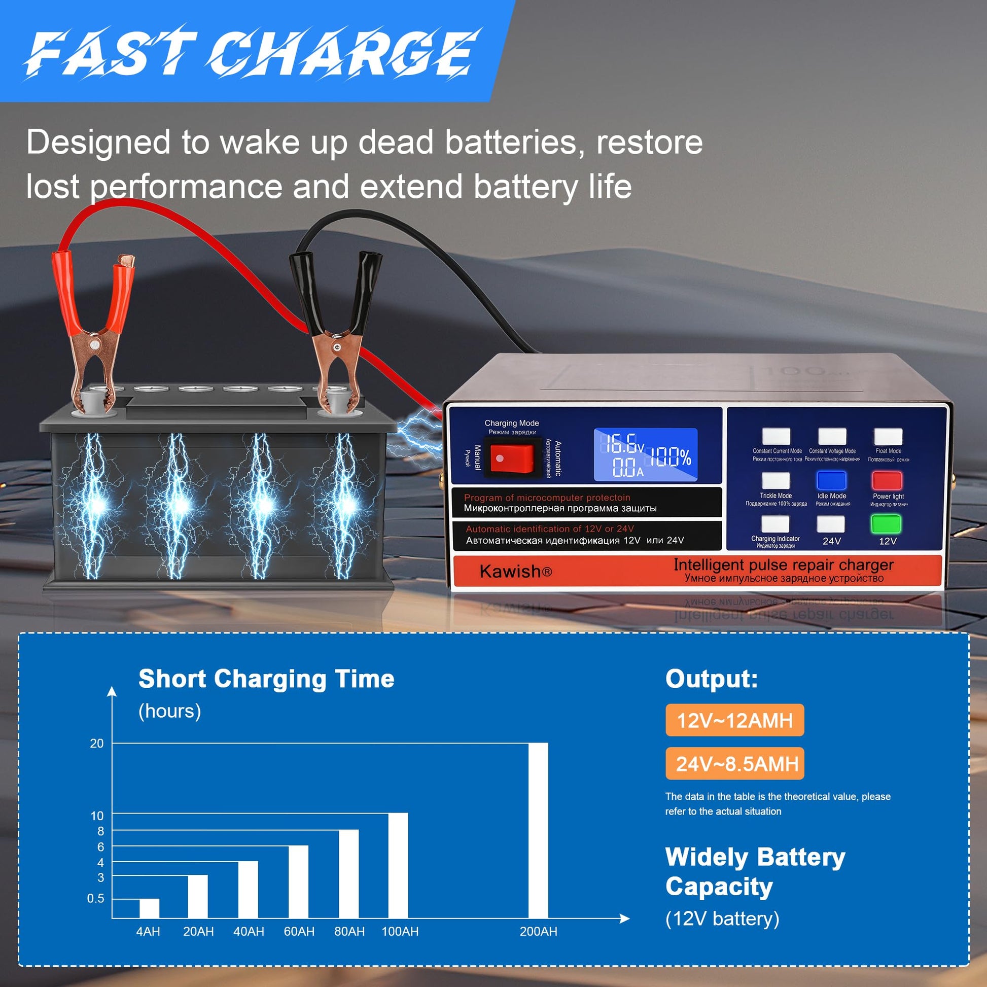 Kawish - Cargador de batería automático completo para coche, 12 V/10 A, 24 V/7.5 A, cargador de batería inteligente para reparación de pulsos, camión, motocicleta, con cepillo para polvo de limpieza