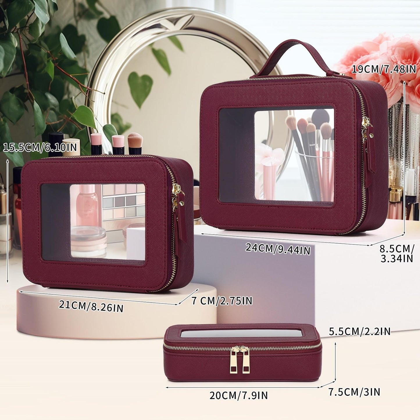 Pinkmik - Estuche para brochas de maquillaje transparente de viaje y neceser, bolsa de maquillaje pequeña con cierre, organizador para mujer, B5/Borgoña, L+M+SLIM, Set de maquillaje de viaje