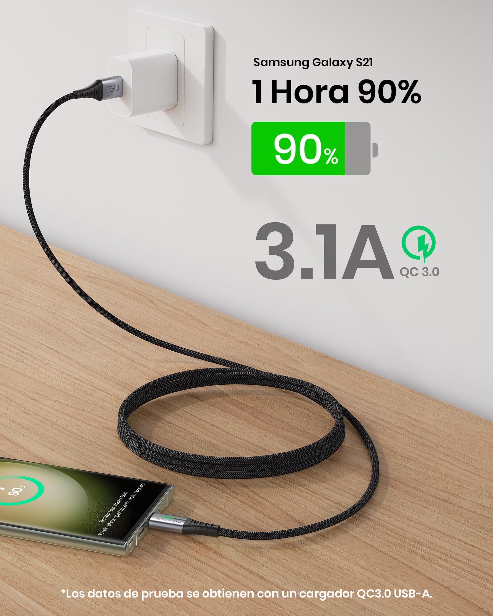 INIU Cable USB C, Cable Tipo C Carga Rápida [0.3m/3.1A], Nylon QC 3.0 Cable USB-C a USB A para iPhone 16 15 Samsung S23 S22 S21 S20 S10 Note 20 Xiaomi Note 11 Huawei P30 Google Pixel 7 Pro Switch PS5