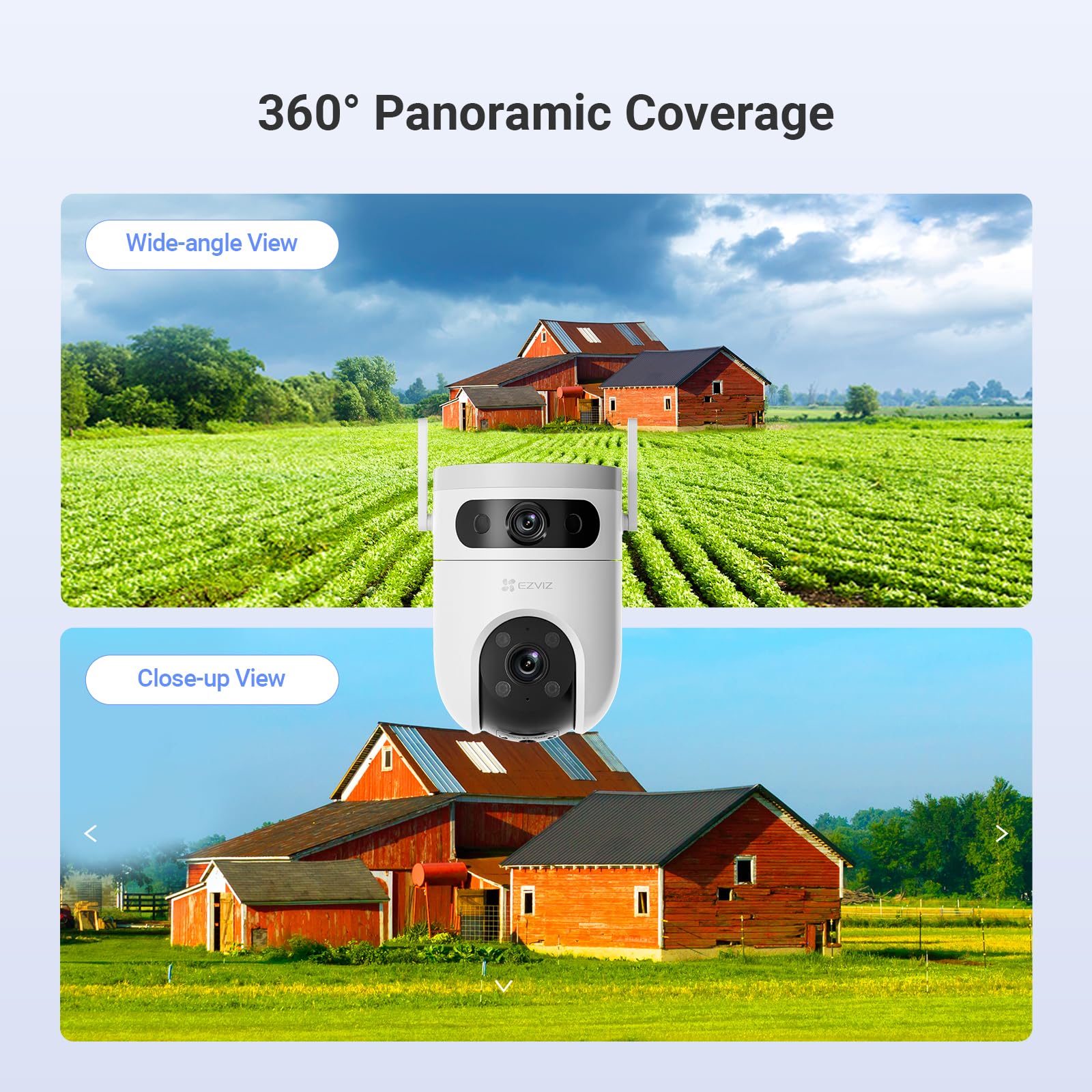 Cámara de Seguridad WiFi EZVIZ H9c Lente Dual Exterior Visión Nocturna a Color Detección Humana y Vehículos Audio Bidireccional Seguimiento Automático 5MP+5MP