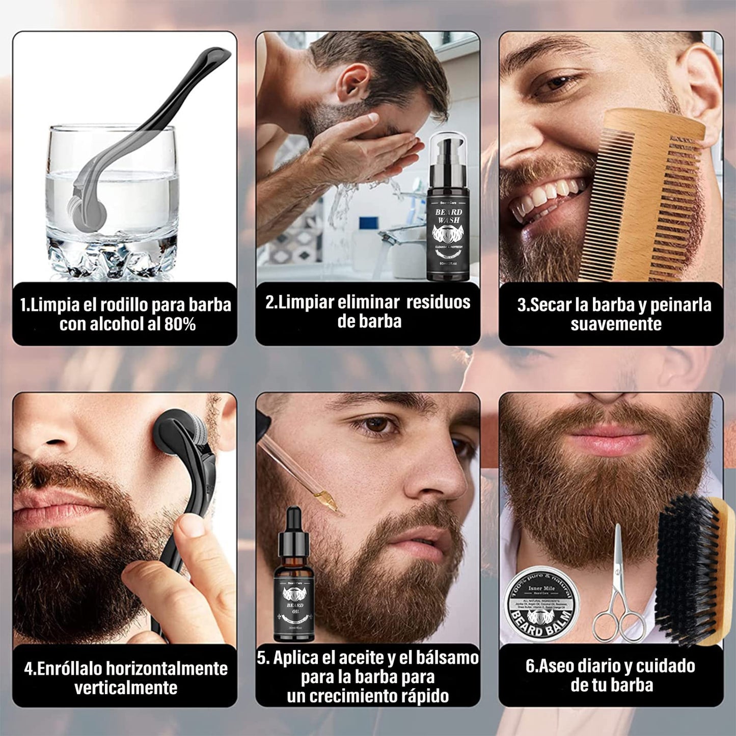 Kit completo de cuidado para barba con crecimiento, accesorios de calidad premium y presentación de lujo - Ideal para regalo para hombres - Incluye aceite, bálsamo, rodillo, shampoo y más - ¡Perfecto para papás!