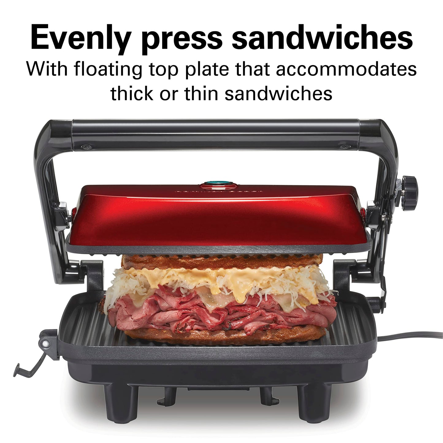 Hamilton Beach Sandwichera, Prensa para Panini, para Cualquier Espesor de Sándwich, Parrillas Antiadherentes de 25.4 x 20.32 Centímetros, Roja (25462Z)
