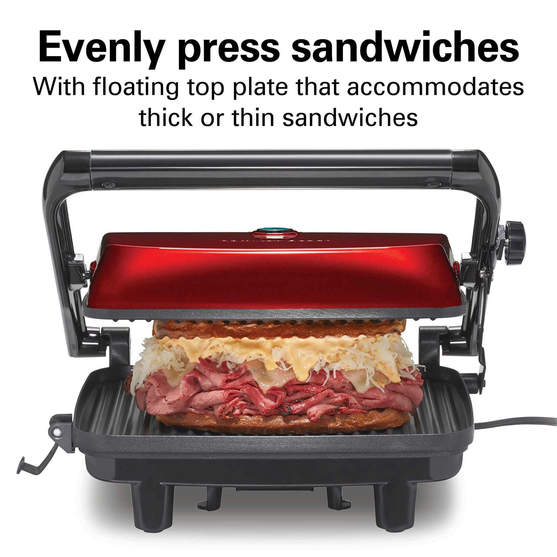 Hamilton Beach Sandwichera, Prensa para Panini, para Cualquier Espesor de Sándwich, Parrillas Antiadherentes de 25.4 x 20.32 Centímetros, Roja (25462Z)