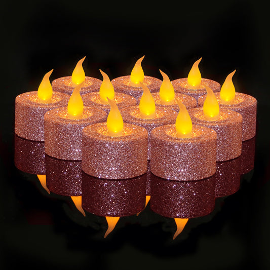 FURORA LIGHTING - Velas LED con purpurina rosa, paquete de 12, velas parpadeantes sin llama para decoración del hogar, 1.5 pulgadas de ancho x 1.65 pulgadas de alto, funciona con pilas