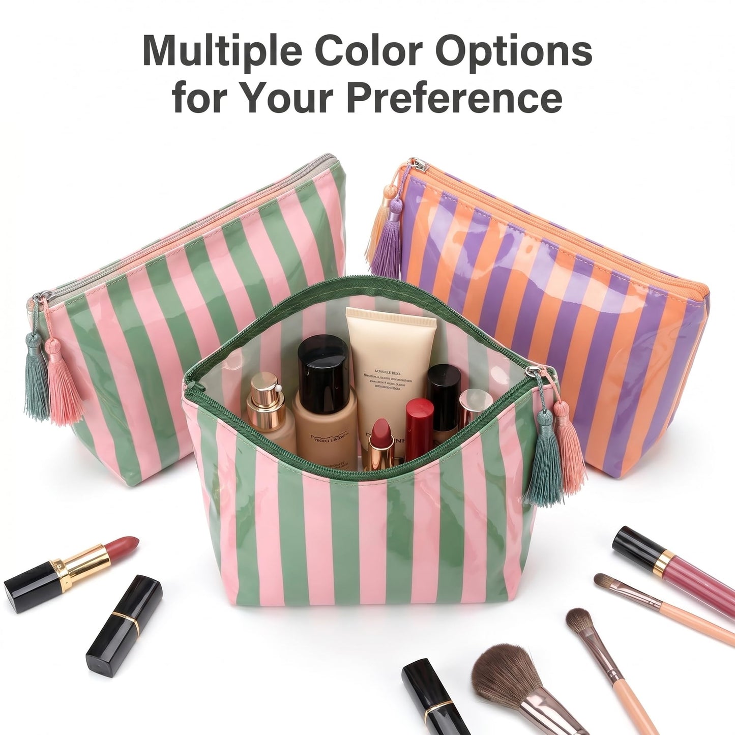 LDWZAX - Bolsa de maquillaje a rayas: bolsa impermeable para cosméticos con cierre, organizador de artículos de cambiador de viaje grande, lona y bolsa de PVC transparente para azulejos Mahjong (rosa