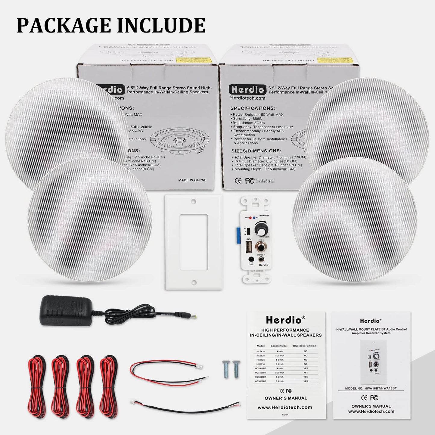Herdio 6.5'' Bluetooth en la Pared en el Techo Altavoces 600W 2-Way Flush Mount Sistema de Altavoces con Amplificador de Pared Receptor para Cine en Casa Oficina Baño(2Pares, Paintable-Grille)