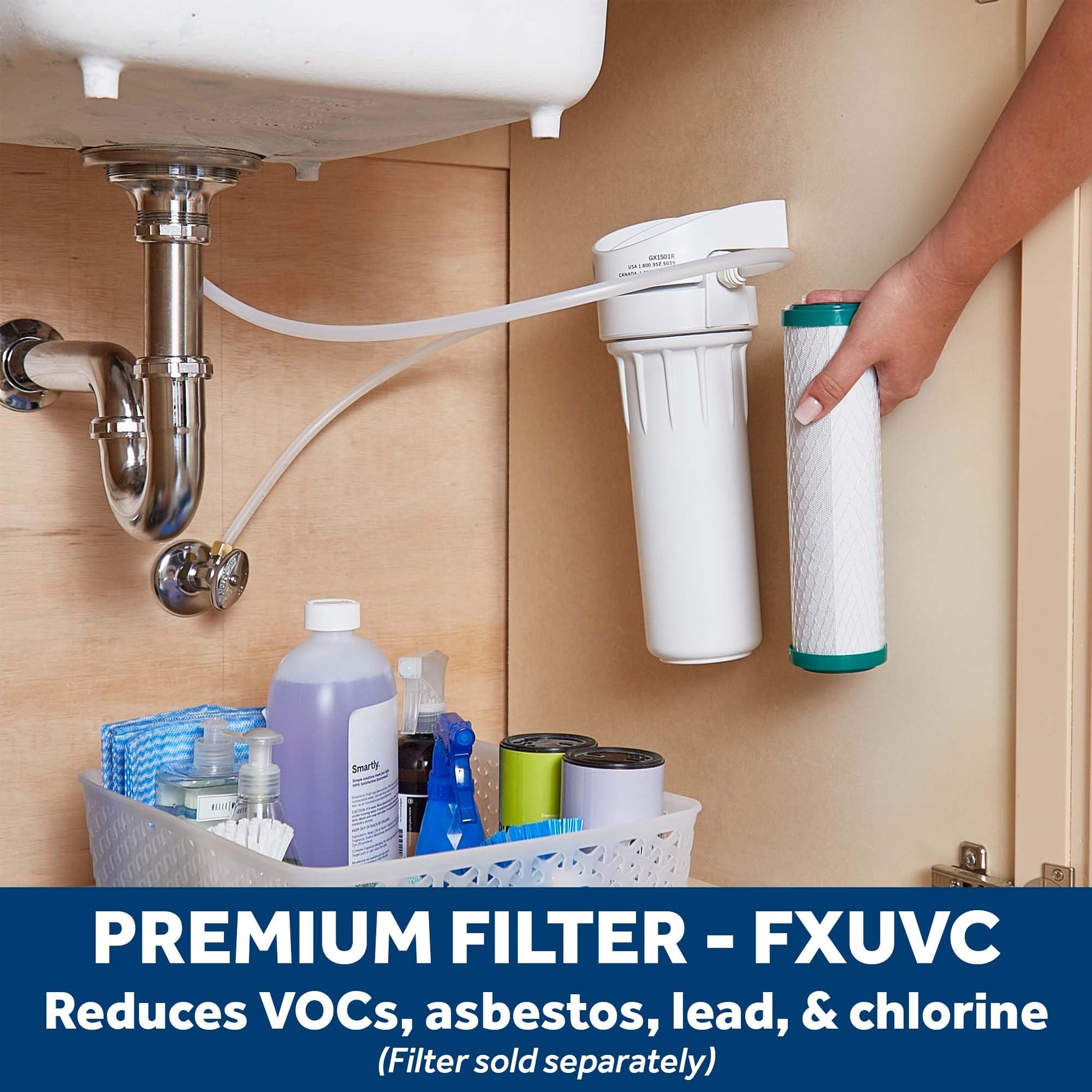 GE - Sistema de filtro de agua para todo el hogar | Sistema de filtración de agua reduce el plomo, el amianto y más | Kit de instalación y accesorios incluidos | Reemplazar filtros (FXUTC, FXULC, FXUVC) cada 6 meses | GX1S01R, 15 x 15.5 x 17 pulgadas