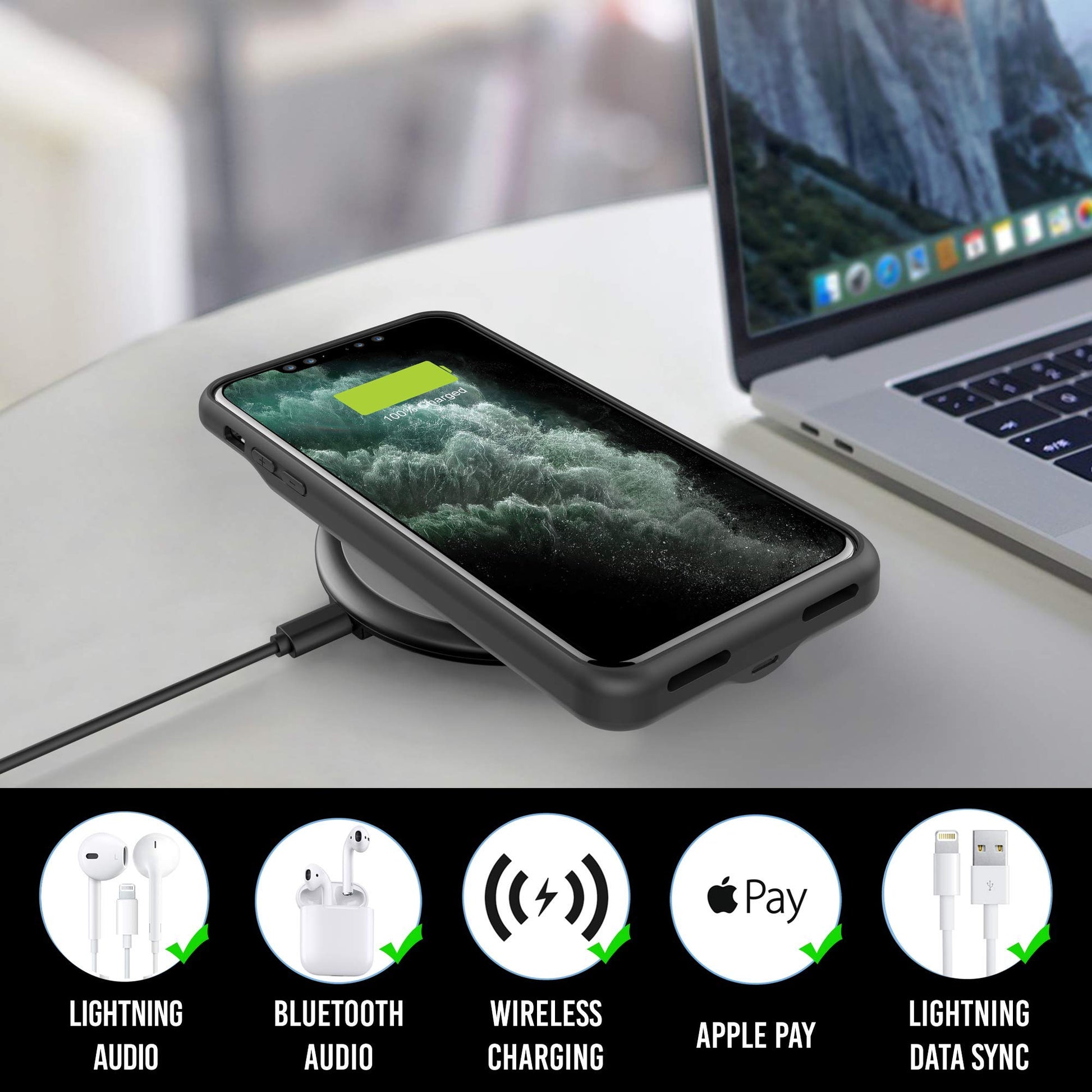 Carcasa con batería para iPhone X compatible con carga inalámbrica QI, Alpatronix BXX 5.8 pulgadas, 4200 mAh delgado estuche con batería recargable, protección cargador portátil para iPhone X [chip certificado por Apple; iOS 11+], Negro