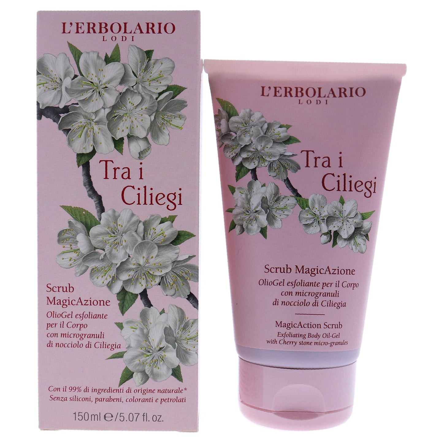 LErbolario L'erbolario magicaction scrub - tra i ciliegi - floral, fruity scent - exfoliating body oil-gel with cherry stone micro-granules, cruelty free, dermatologically tested - 5.07 oz