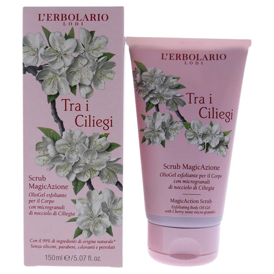 LErbolario L'erbolario magicaction scrub - tra i ciliegi - floral, fruity scent - exfoliating body oil-gel with cherry stone micro-granules, cruelty free, dermatologically tested - 5.07 oz